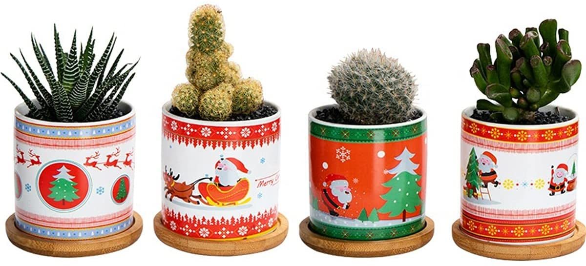 christmas ceramic plant pots 4 Packs 3 Inches Christmas Ceramic Succulent Plant Pots,Indoor Decorations Small Flower Pots, Christmas Decorations Small Flower Pots Set with Bamboo Trays for Gift, Home Decor – Housefibre