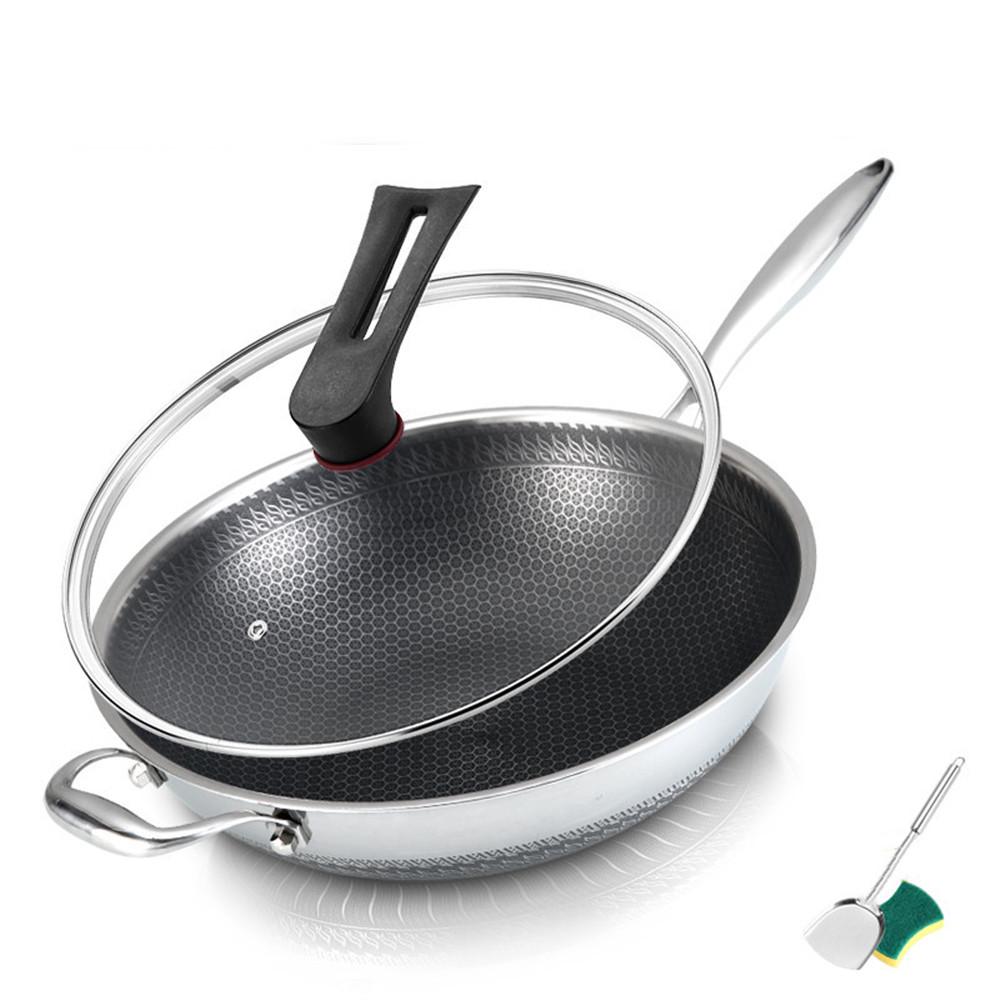 Non-stick Wok With Lid, Stainless Steel Honeycomb Coating Deep