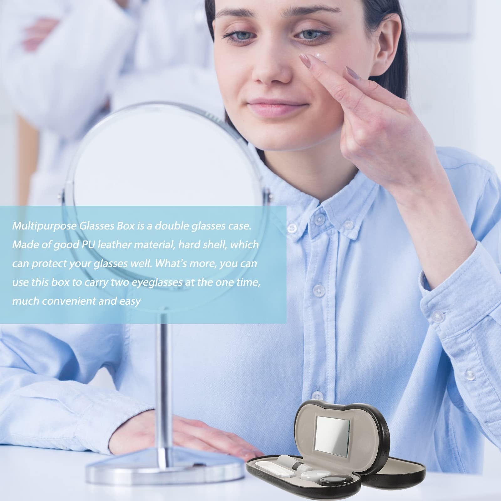 2 in 1 Double Sided Portable Contact Lens Case and Glasses Case, Dual Use Design with Built-in Mirror, Tweezer and Contact Solution Bottle, Leak Proof Daily Glasses and Contact Case for Travel Home