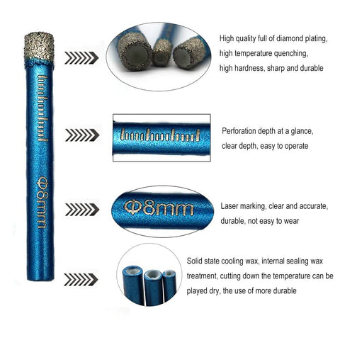 6 8 10mm Diamond Dry Drill-Bit Holesaw Porcelain Granite Tile Ceramics Marble, High Hardness Fast Drilling Tool for Construction and Home Use