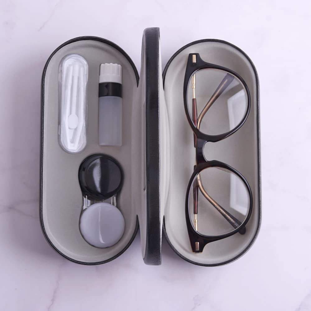 2 in 1 Double Sided Portable Contact Lens Case and Glasses Case, Dual Use Design with Built-in Mirror, Tweezer and Contact Solution Bottle, Leak Proof Daily Glasses and Contact Case for Travel Home