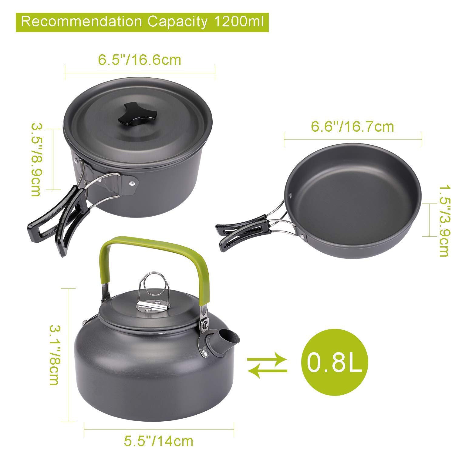 Camp Cookware- Pots/Pans/Kettle,Cooking Set for 2-3 People Hiking Picnic Fishing, Lightweight Aluminum, Portable Outdoor Cookware for Camping, Backpacking and Travel