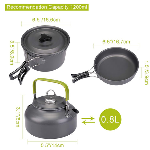 Camp Cookware- Pots/Pans/Kettle,Cooking Set for 2-3 People Hiking Picnic Fishing, Lightweight Aluminum, Portable Outdoor Cookware for Camping, Backpacking and Travel