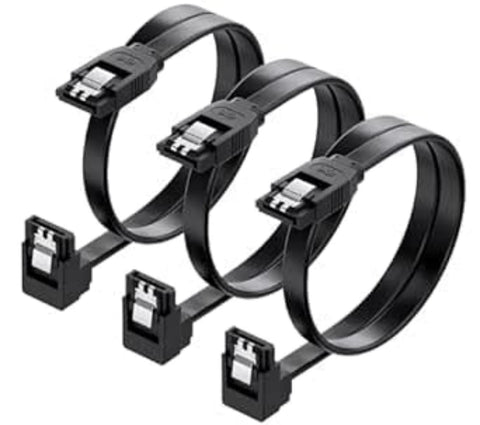 4pack SATA III Cables (6Gb/s) – 30cm. These Data Cables Support 6Gbit/s and Feature an L-Shaped Connector. Designed for Connecting Hard Drives, SSDs, or Hard disks to The Motherboard.Black