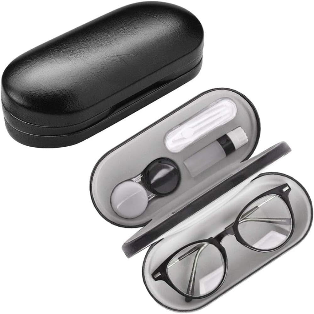 2 in 1 Double Sided Portable Contact Lens Case and Glasses Case, Dual Use Design with Built-in Mirror, Tweezer and Contact Solution Bottle, Leak Proof Daily Glasses and Contact Case for Travel Home
