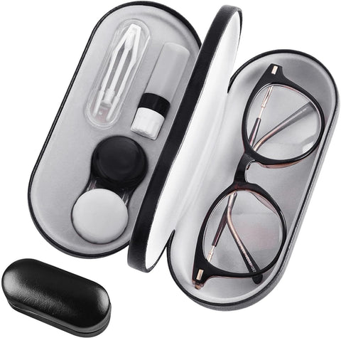 2 in 1 Double Sided Portable Contact Lens Case and Glasses Case, Dual Use Design with Built-in Mirror, Tweezer and Contact Solution Bottle, Leak Proof Daily Glasses and Contact Case for Travel Home