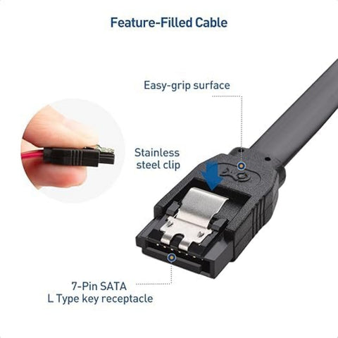 4pack SATA III Cables (6Gb/s) – 30cm. These Data Cables Support 6Gbit/s and Feature an L-Shaped Connector. Designed for Connecting Hard Drives, SSDs, or Hard disks to The Motherboard.Black