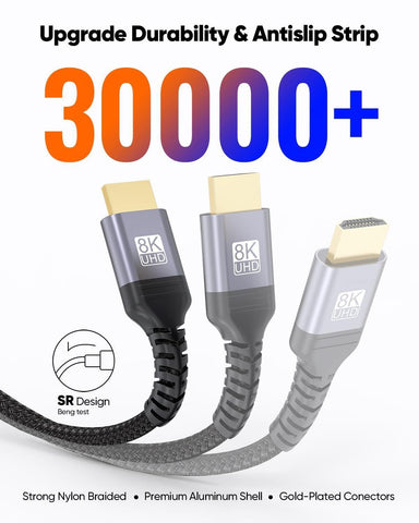 High-Speed 8K HDMI 2.1 Cable, 48Gbps Braided Nylon Cord, Supports 8K 60Hz 4K 120Hz 2K 144Hz, Compatible with HDTV/Laptop/Blu-ray/Monitor