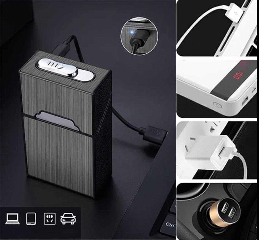 2 in 1 USB Rechargeable Cigarette Case with Flameless Windproof Lighter, Magnetic Closure Aluminum Alloy 20-Cig Holder