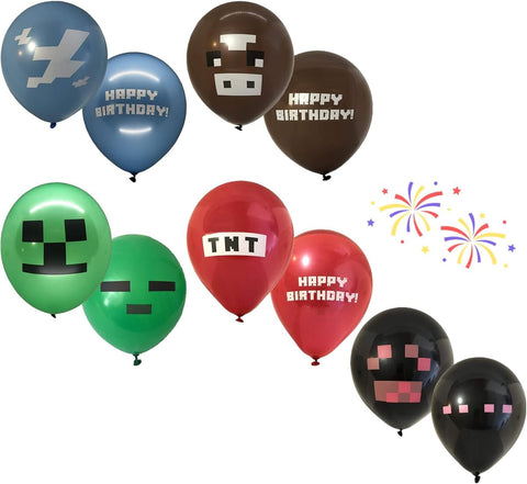 20Pack Pixel Miner Crafting Style Gamer Birthday Party Balloons, Double Sided 12" Latex Balloons -MINE CRAFT, MINECRAFT Video Gamer Party Supplies