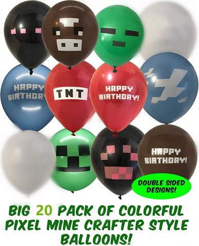 20Pack Pixel Miner Crafting Style Gamer Birthday Party Balloons, Double Sided 12" Latex Balloons -MINE CRAFT, MINECRAFT Video Gamer Party Supplies