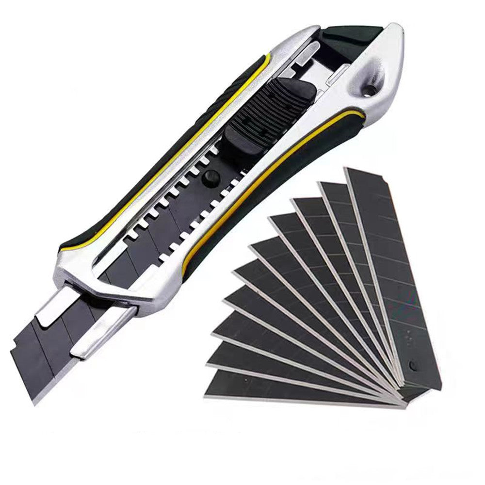 18mm Retractable Box Cutter Utility Knife - Zinc-Alloy Heavy Duty Snap-off knife with 10pcs Spare SK5 Steel Ultra Sharp Black Blade for Cutting Paper