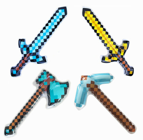 4X Inflatable Weapon- Pixel Craft Sword,Axe, Minecraft Video Action Figure Props Fun Party Favors for Kids Birthday Cosplay Outdoor Activity Gift Set