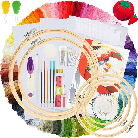 Embroidery Kit 215 Pcs, 100 Colors Threads, 5 Pcs Embroidery Hoops, 3 Pcs Aida Cloth, Complete Cross Stitch Tools Set for DIY Art Craft Stitching Beginners