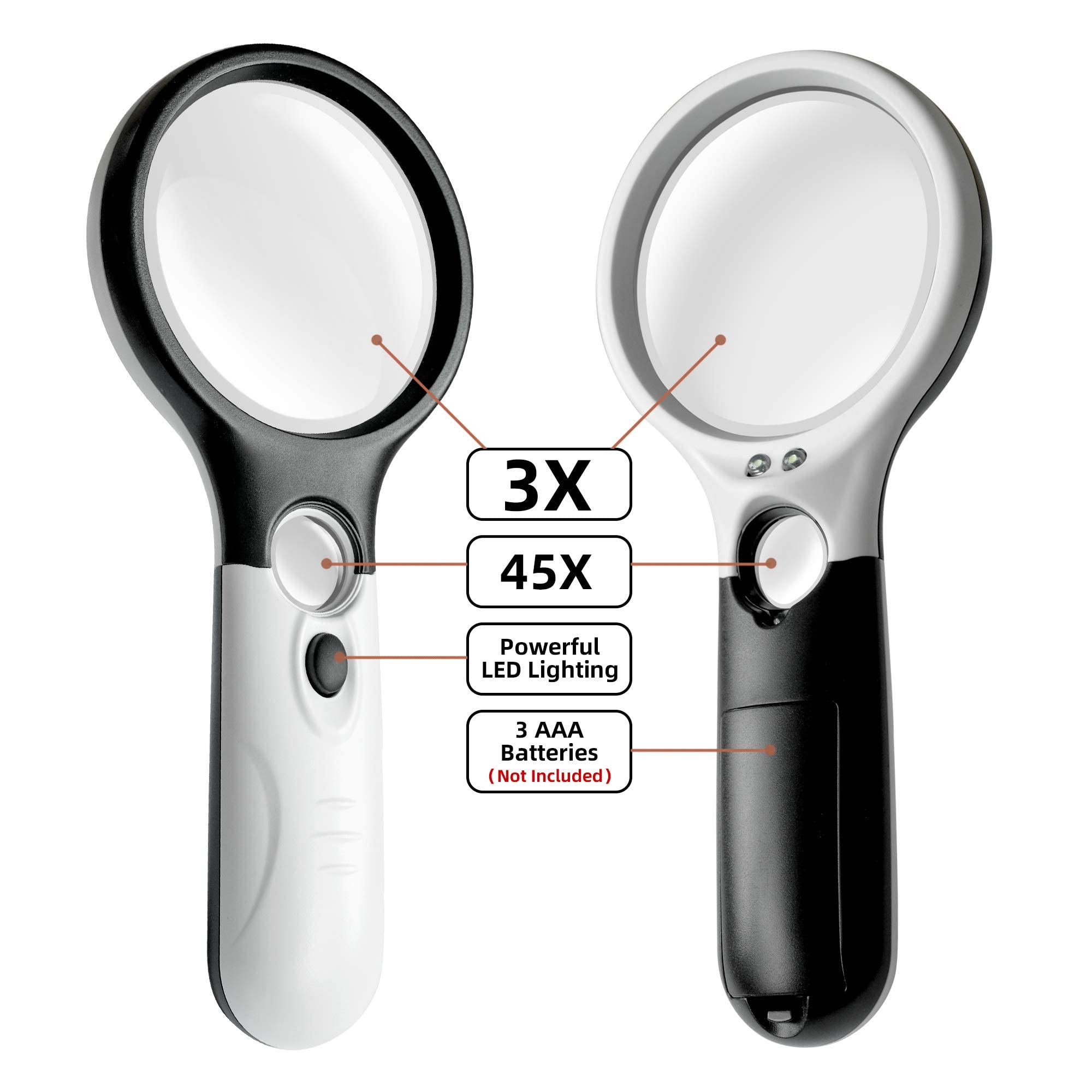 Magnifying Glass with Light, 3X & 45X Dual Lens High Magnification Real Glass for Reading, Jewelry, Coins, Stamps, Crafts and Daily Close Work