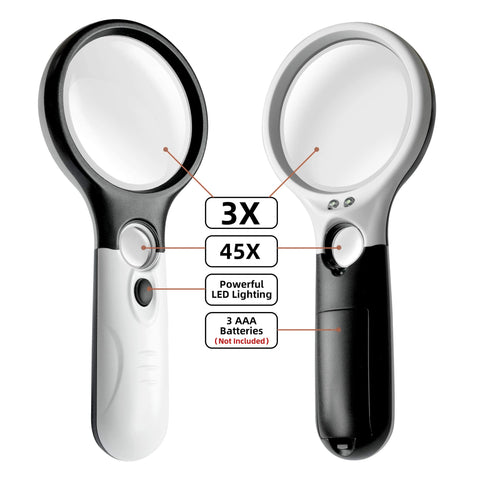 Magnifying Glass with Light, 3X & 45X Dual Lens High Magnification Real Glass for Reading, Jewelry, Coins, Stamps, Crafts and Daily Close Work