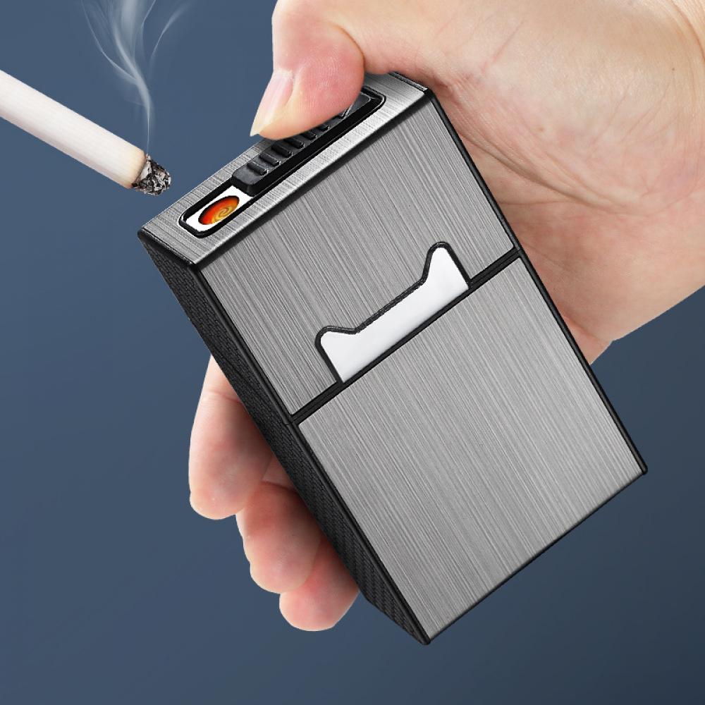 2 in 1 USB Rechargeable Cigarette Case with Flameless Windproof Lighter, Magnetic Closure Aluminum Alloy 20-Cig Holder