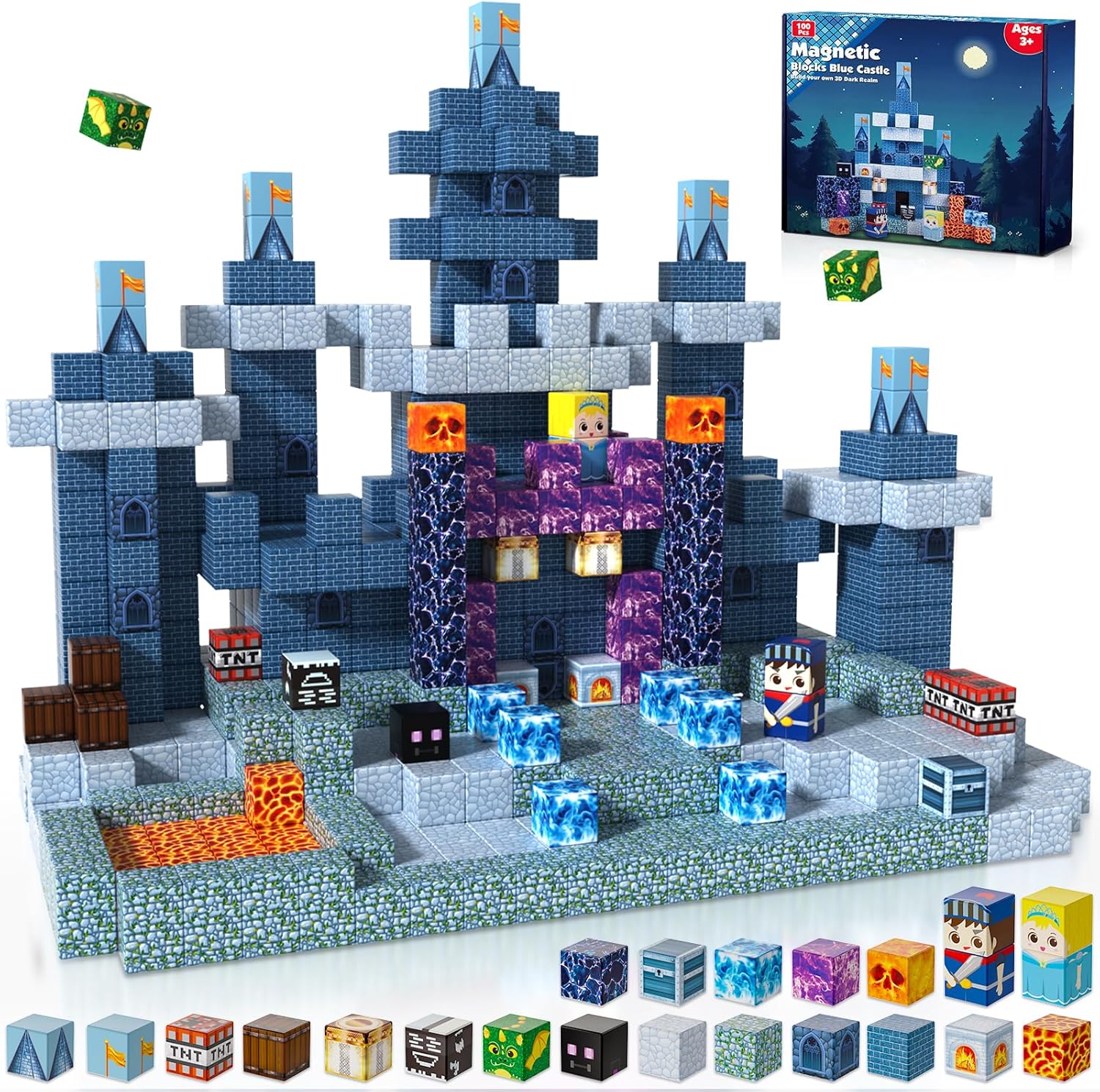 100PCS Magnetic Blocks for Kids Ages 3-8 - Blue Castle Themed Magnet Building Tiles Educational Construction Toy Set