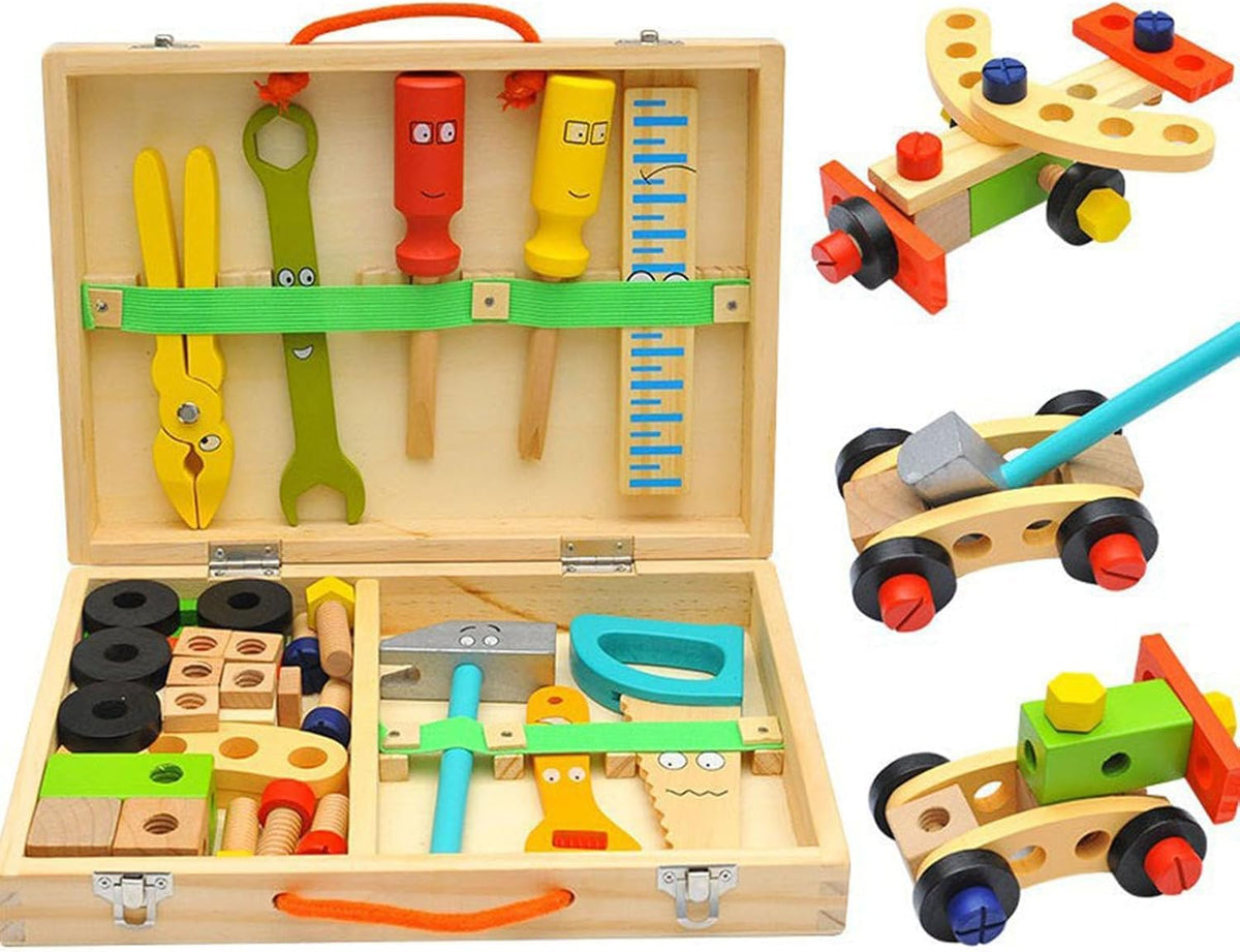 34Pcs Wooden Montessori Tool Set for Kids,Construction Building Toy with Toolbox,Educational Pretend Play 3+ Year Old Boys Girls