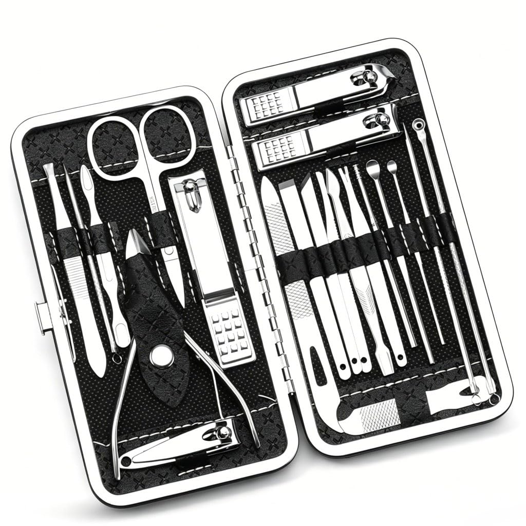 21 in 1 Manicure Pedicure Set, Professional Stainless Steel Nail Clipper Grooming Kit, Multi‑Function Nail Foot Facial Care Tools with Portable PU Leather Travel Case for Men Women, Black