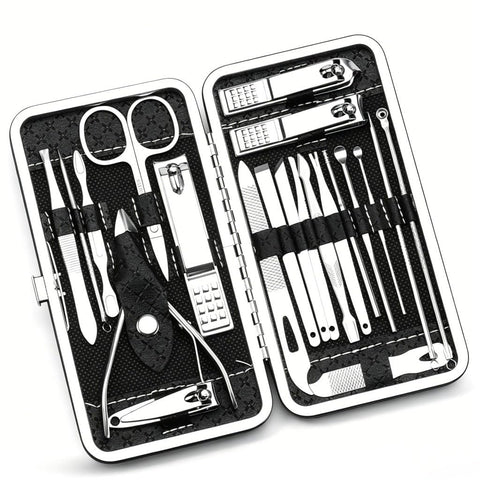 21 in 1 Manicure Pedicure Set, Professional Stainless Steel Nail Clipper Grooming Kit, Multi‑Function Nail Foot Facial Care Tools with Portable PU Leather Travel Case for Men Women, Black