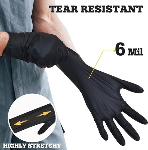 Black Nitrile Gloves - 6-Mil Heavy Duty Disposable Gloves, Latex Free, Powder Free, Food Safe Certified Cooking Gloves for Household & Kitchen Use, Beauty (Box of 100)