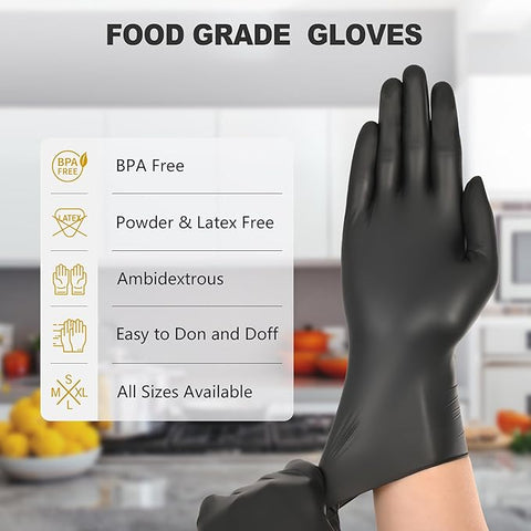 Black Nitrile Gloves - 6-Mil Heavy Duty Disposable Gloves, Latex Free, Powder Free, Food Safe Certified Cooking Gloves for Household & Kitchen Use, Beauty (Box of 100)
