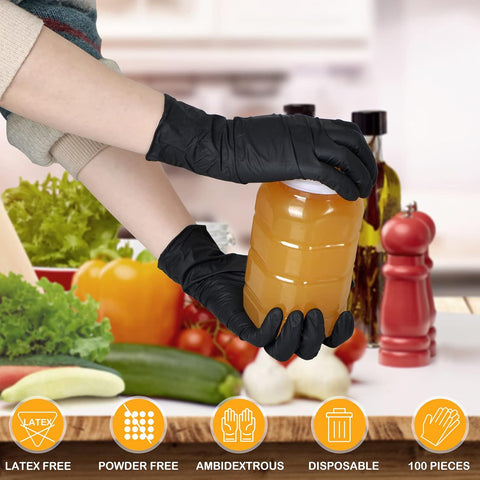 Black Nitrile Gloves - 6-Mil Heavy Duty Disposable Gloves, Latex Free, Powder Free, Food Safe Certified Cooking Gloves for Household & Kitchen Use, Beauty (Box of 100)