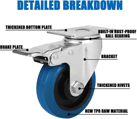 Nomel 5 Inch Heavy Duty Silent Castor Wheels with Brake Lockable Rubber Swivel Casters for Trolleys, Carts, Furniture  Shelves  4 Pcs Set