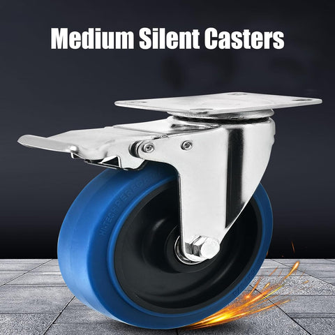 Nomel 5 Inch Heavy Duty Silent Castor Wheels with Brake Lockable Rubber Swivel Casters for Trolleys, Carts, Furniture  Shelves  4 Pcs Set