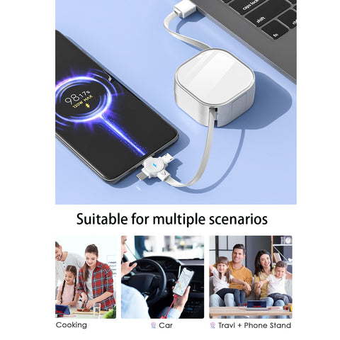 3 in 1 Charging Cable Roll, Retractable Charging Cable, Phone Stand, Data Sync Function, Universal Compatibility with iPhone, Samsung, Android Phones and Tablets