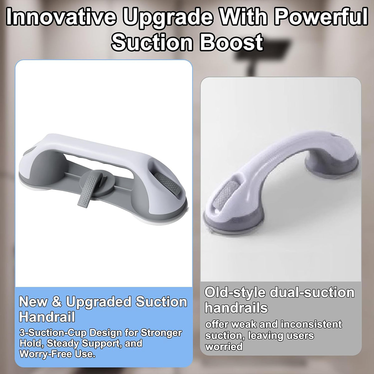 Suction Cup Shower Safety Grab Bar 2 Pack for Seniors, No-Drill Anti-Slip Handle for Bathroom Bathtub Toilet