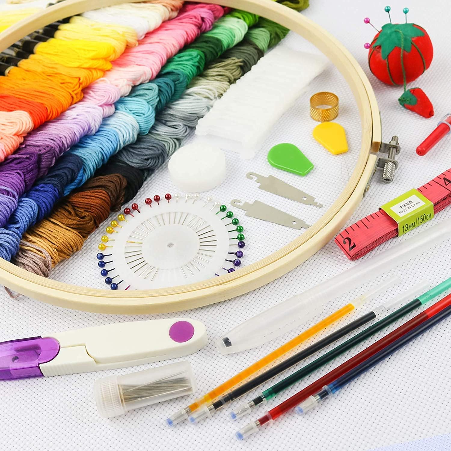 Embroidery Kit 215 Pcs, 100 Colors Threads, 5 Pcs Embroidery Hoops, 3 Pcs Aida Cloth, Complete Cross Stitch Tools Set for DIY Art Craft Stitching Beginners