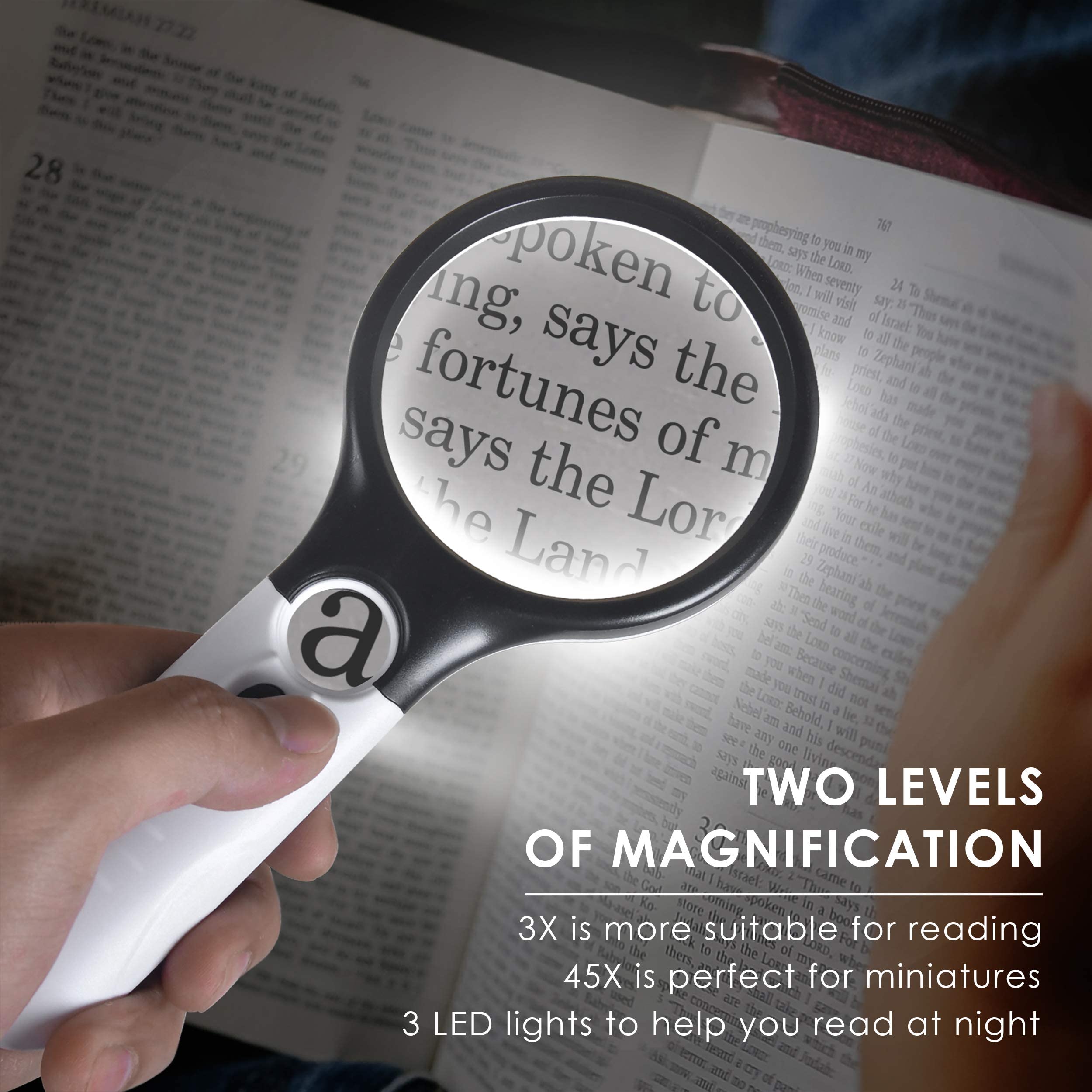 Magnifying Glass with Light, 3X & 45X Dual Lens High Magnification Real Glass for Reading, Jewelry, Coins, Stamps, Crafts and Daily Close Work