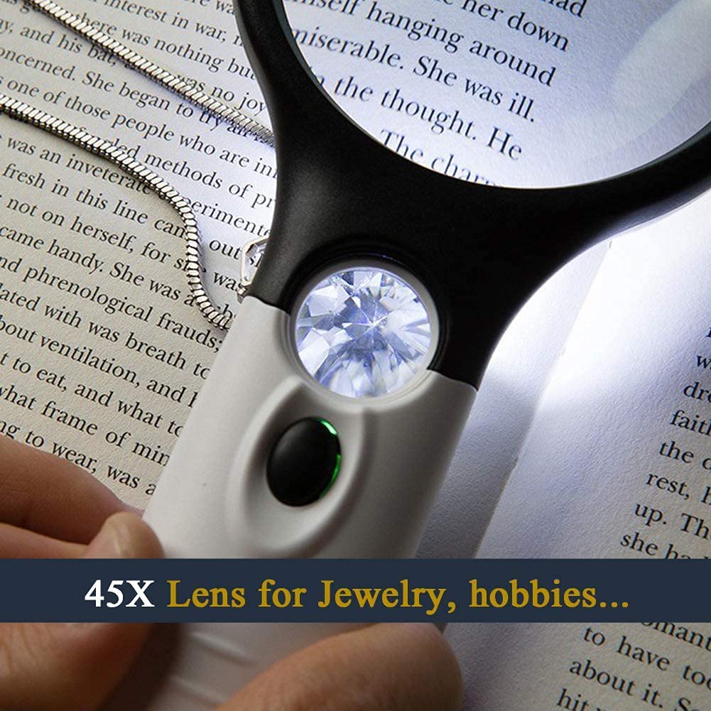 Magnifying Glass with Light, 3X & 45X Dual Lens High Magnification Real Glass for Reading, Jewelry, Coins, Stamps, Crafts and Daily Close Work