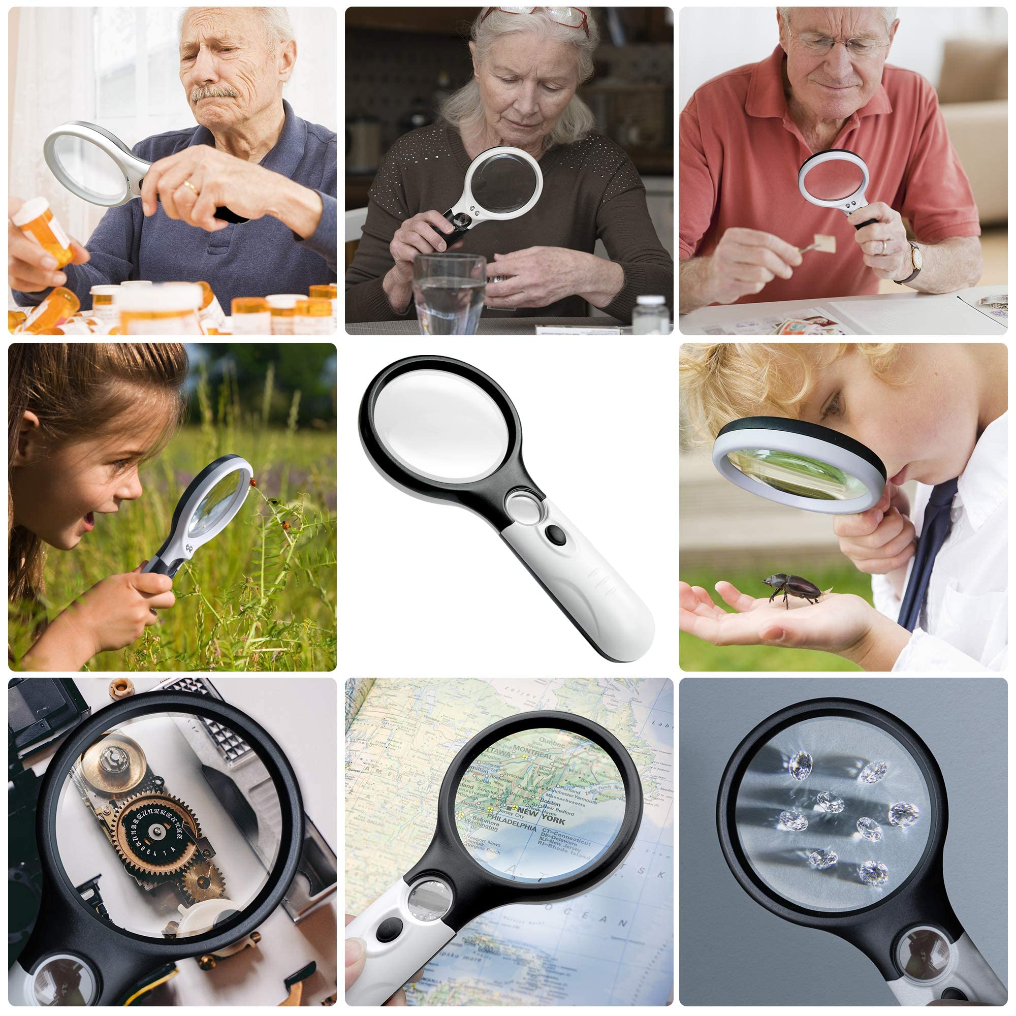 Magnifying Glass with Light, 3X & 45X Dual Lens High Magnification Real Glass for Reading, Jewelry, Coins, Stamps, Crafts and Daily Close Work