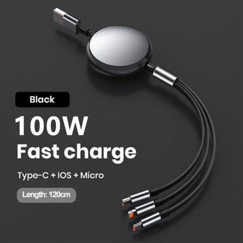 100W Retractable 3 in 1 Fast Charging Cable USB to Type-C Light Micro Compatible with iPhone, Samsung, Android Phones and Tablets