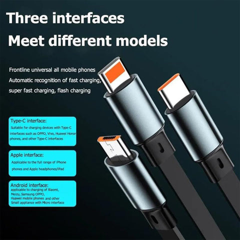 100W Retractable 3 in 1 Fast Charging Cable USB to Type-C Light Micro Compatible with iPhone, Samsung, Android Phones and Tablets
