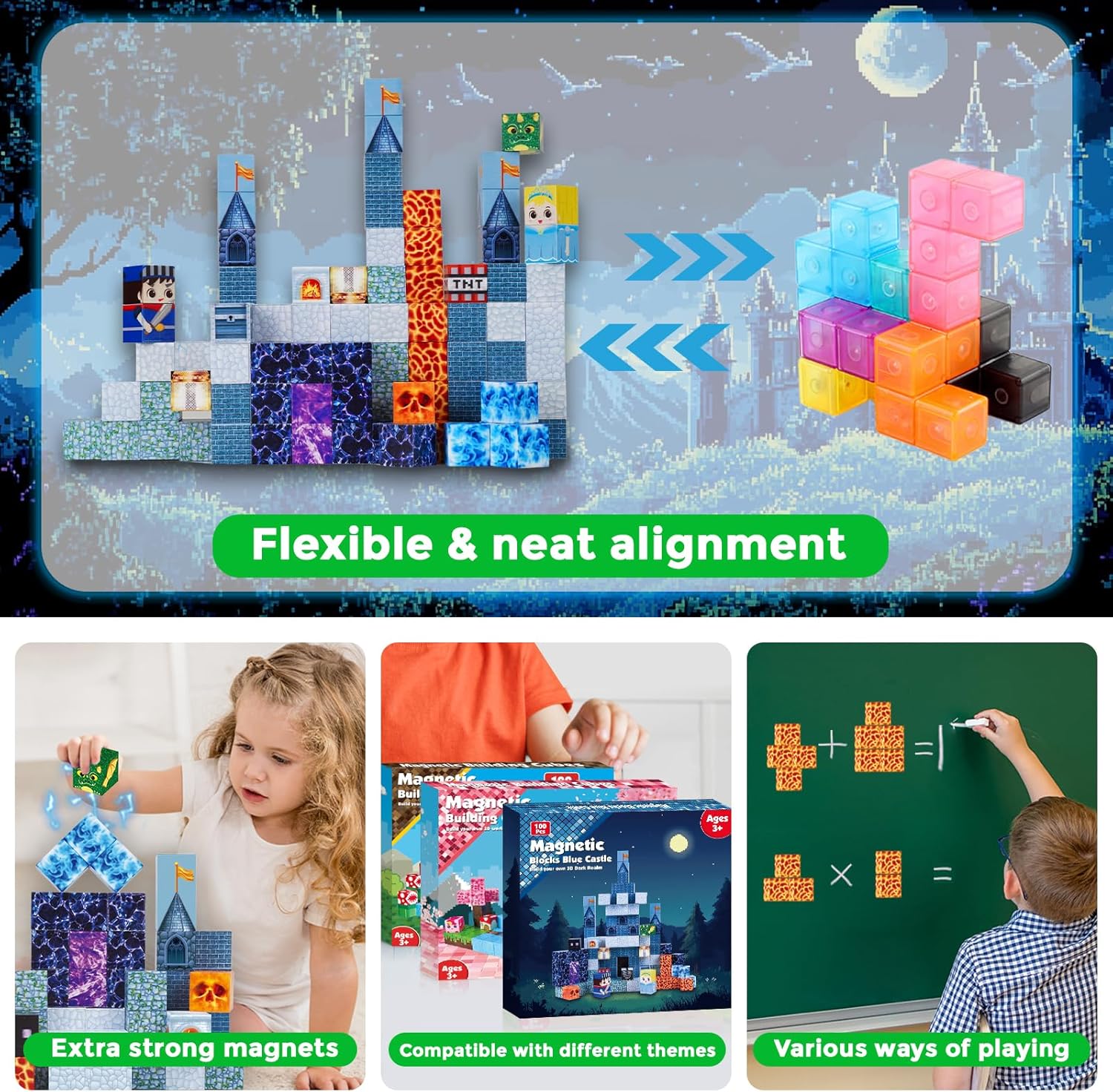 100PCS Magnetic Blocks for Kids Ages 3-8 - Blue Castle Themed Magnet Building Tiles Educational Construction Toy Set