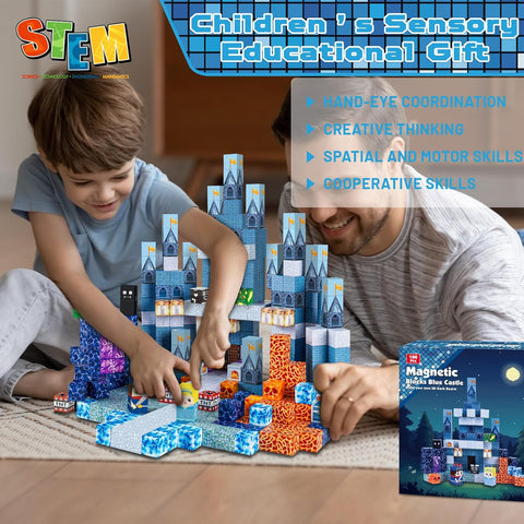 100PCS Magnetic Blocks for Kids Ages 3-8 - Blue Castle Themed Magnet Building Tiles Educational Construction Toy Set