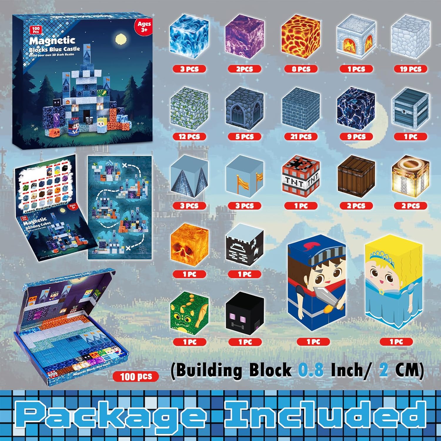 100PCS Magnetic Blocks for Kids Ages 3-8 - Blue Castle Themed Magnet Building Tiles Educational Construction Toy Set