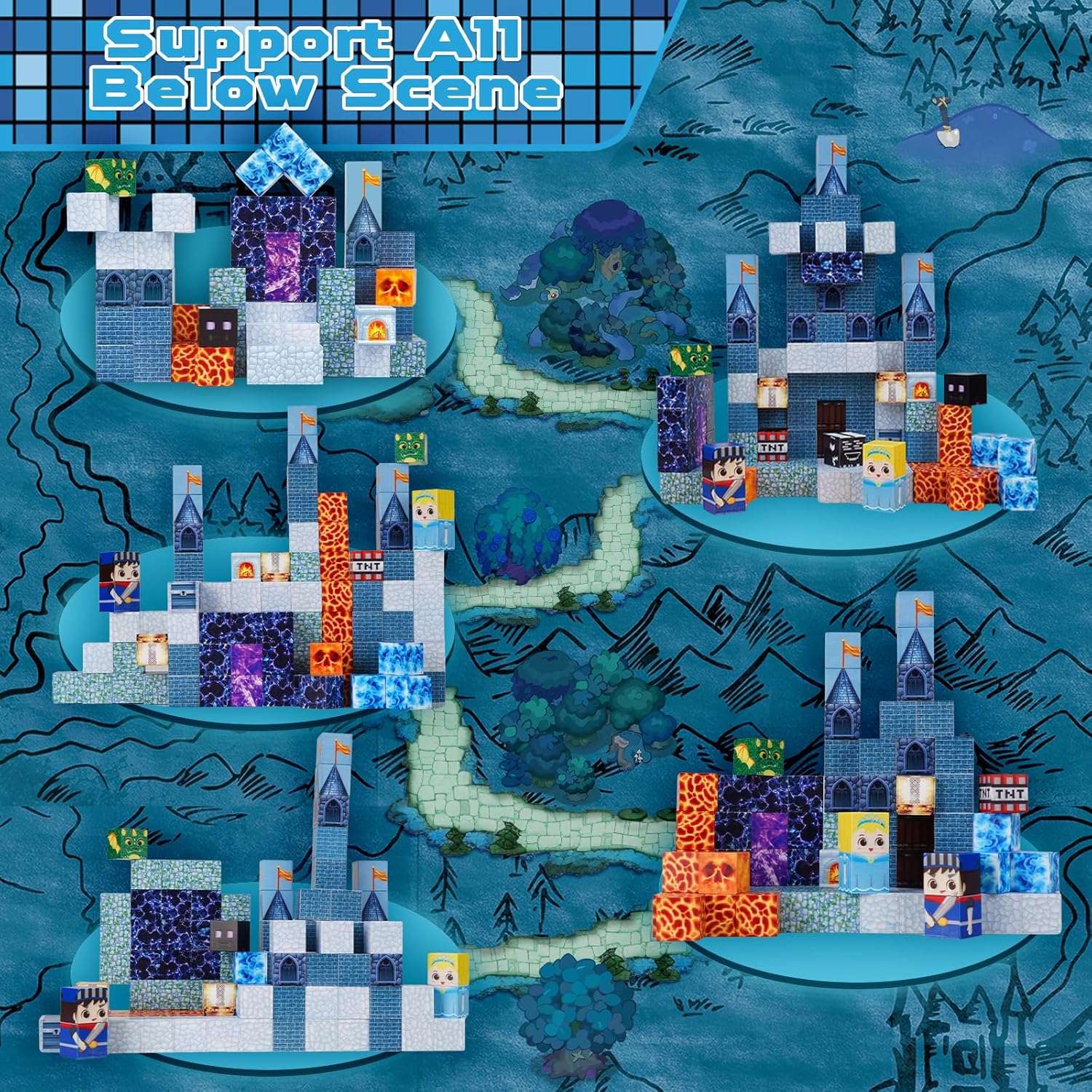 100PCS Magnetic Blocks for Kids Ages 3-8 - Blue Castle Themed Magnet Building Tiles Educational Construction Toy Set