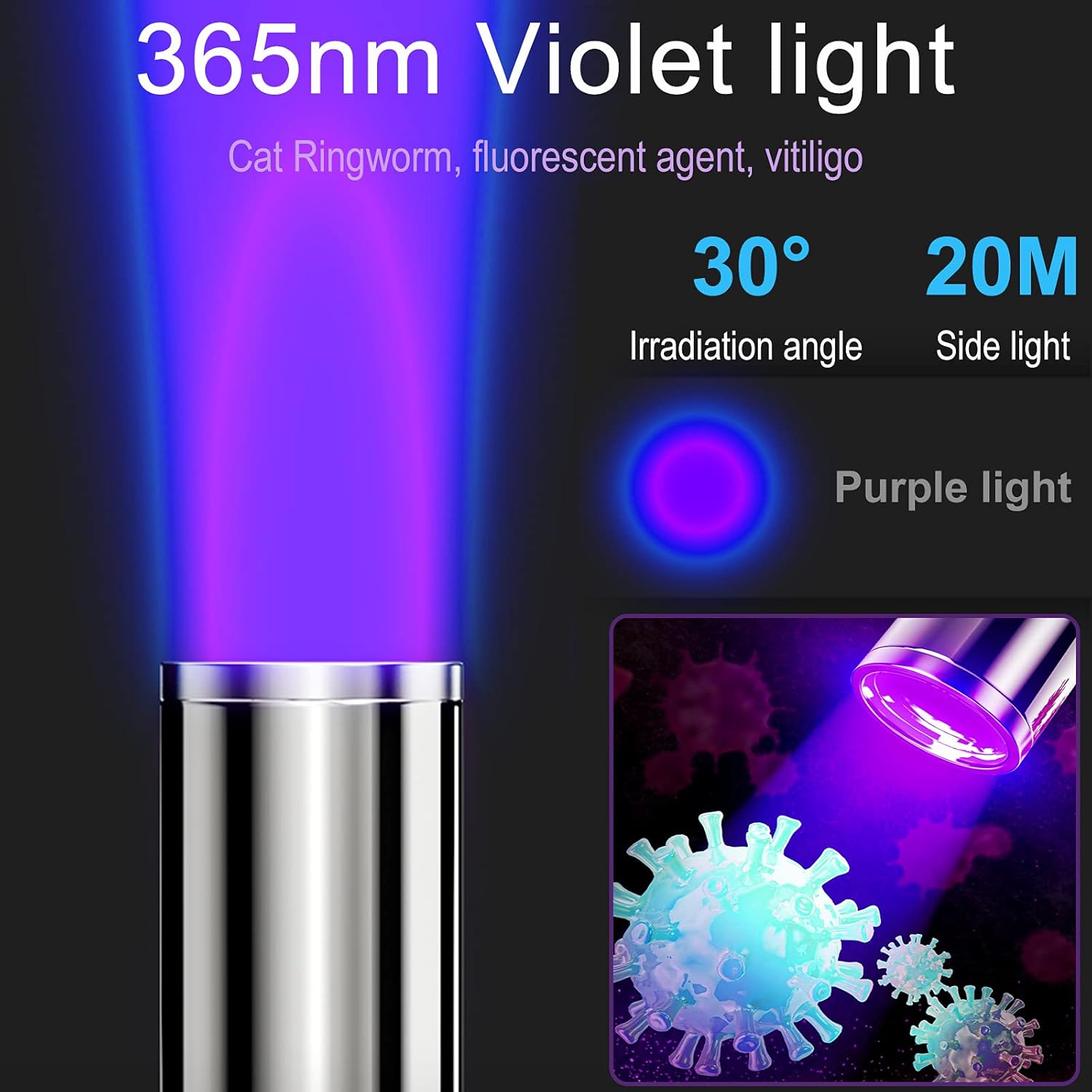 Black Light UV Flashlight 365nm Portable Ultraviolet Torch for Fungus, Fluorescent Dye Detection and Pet Urine Stain Detection