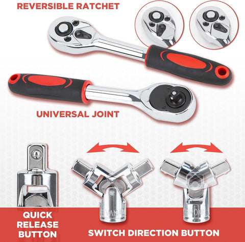 Ratcheting Wrench Set, 53PCS 1/4" Drive Socket Ratchet Hand Tool Set, Multi-Purpose Mechanics Repair Tool Kit for Household and Automotive Maintenance