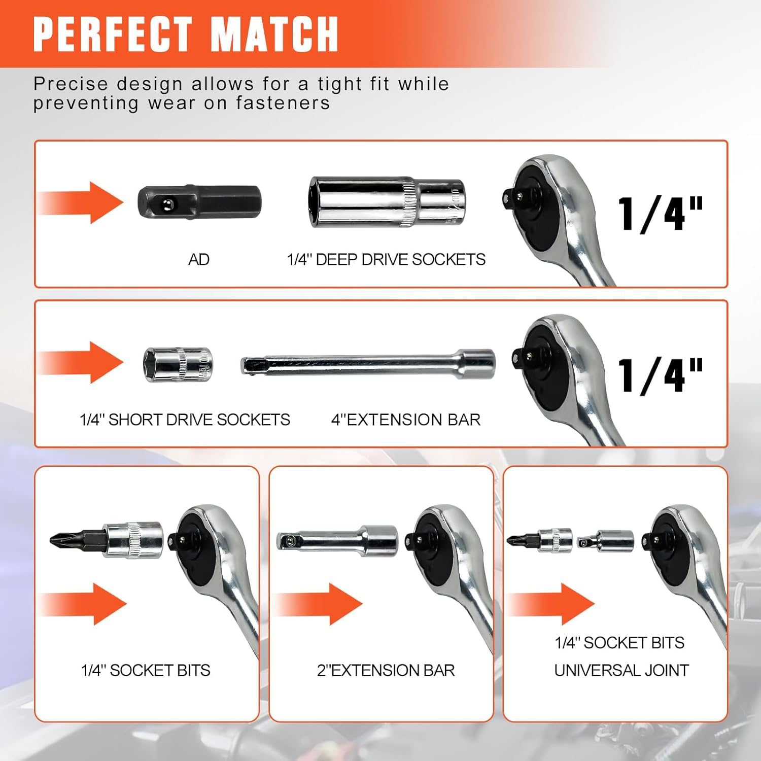 Ratcheting Wrench Set, 53PCS 1/4" Drive Socket Ratchet Hand Tool Set, Multi-Purpose Mechanics Repair Tool Kit for Household and Automotive Maintenance