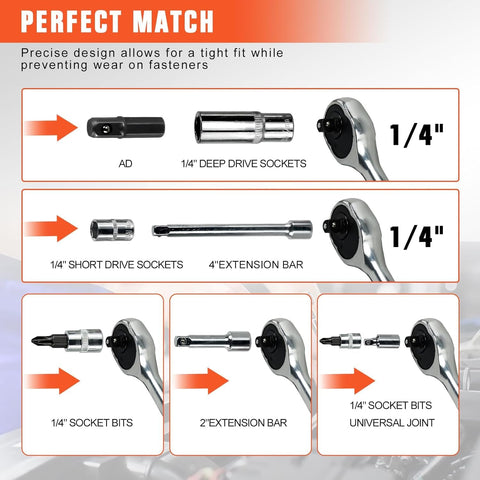 Ratcheting Wrench Set, 53PCS 1/4" Drive Socket Ratchet Hand Tool Set, Multi-Purpose Mechanics Repair Tool Kit for Household and Automotive Maintenance