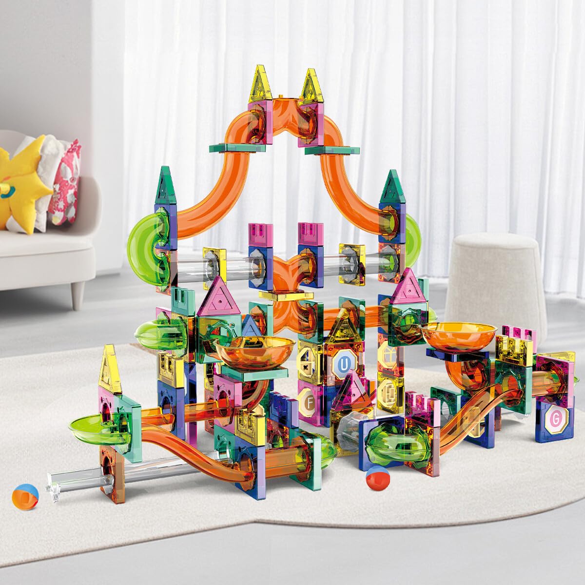 94PCS Magnetic Marble Run Tiles, STEM DIY Track Building Blocks, Educational Rolling Ball Toy for Kids