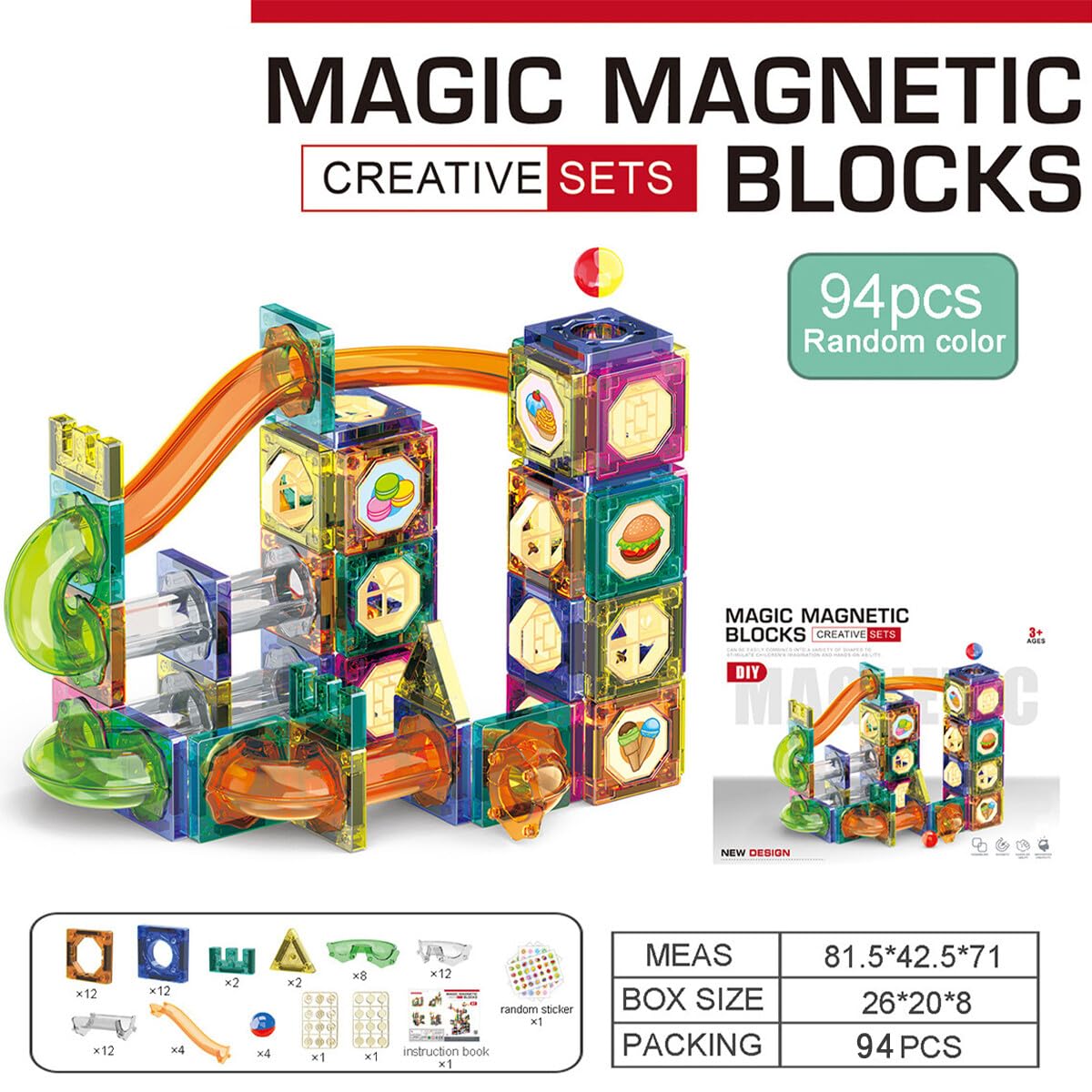 94PCS Magnetic Marble Run Tiles, STEM DIY Track Building Blocks, Educational Rolling Ball Toy for Kids