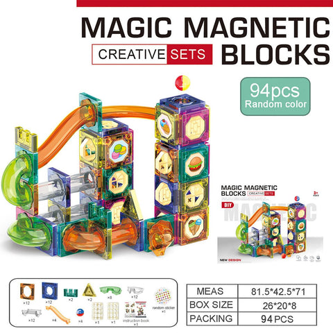 94PCS Magnetic Marble Run Tiles, STEM DIY Track Building Blocks, Educational Rolling Ball Toy for Kids