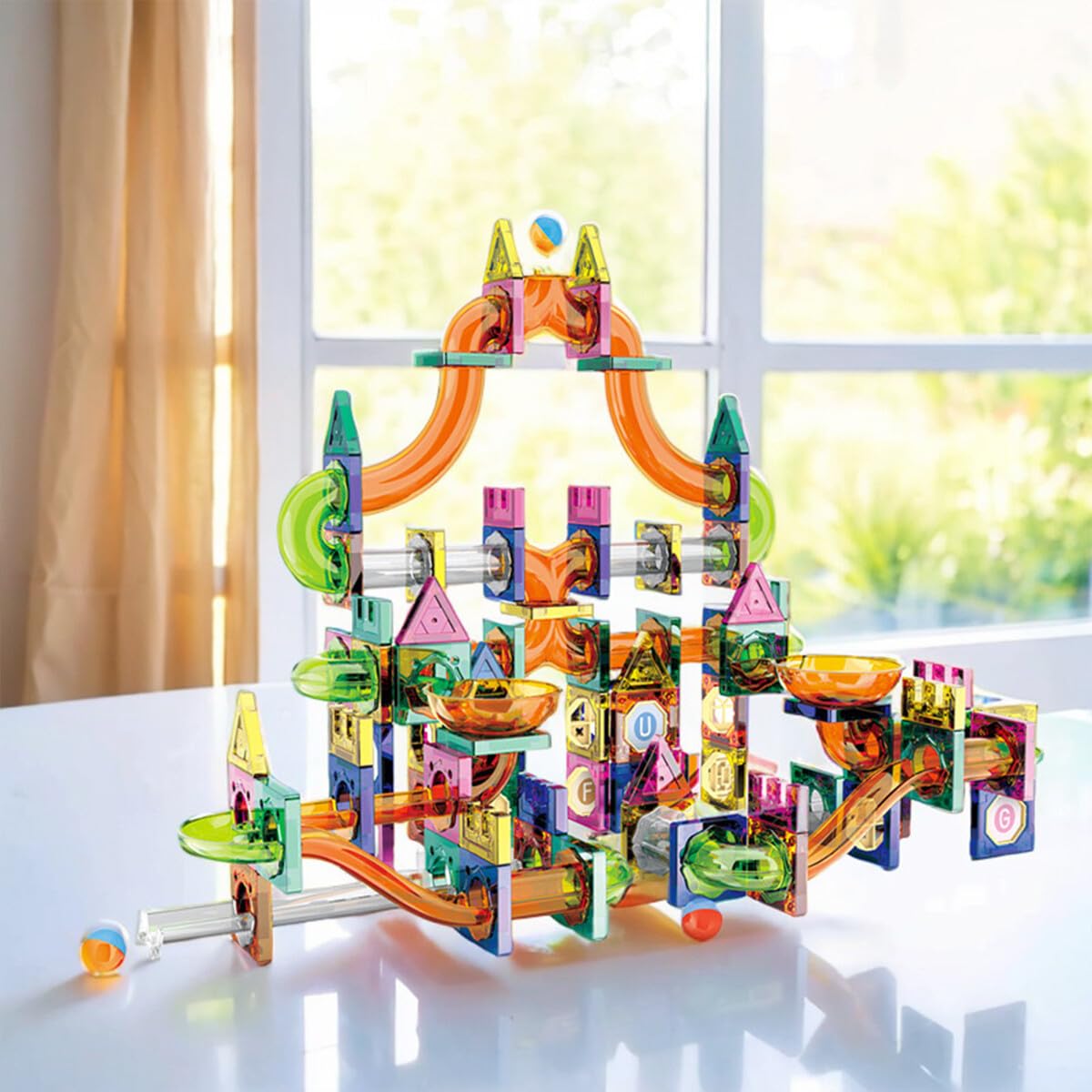 94PCS Magnetic Marble Run Tiles, STEM DIY Track Building Blocks, Educational Rolling Ball Toy for Kids